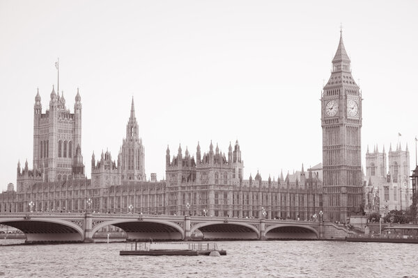 Westminster Bridge and Big Ben, London, England, UK in Black and White Sepia Tone