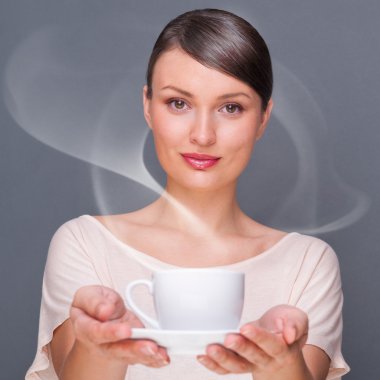 Portrait of young fashionable woman giving hot coffee or tea bev clipart