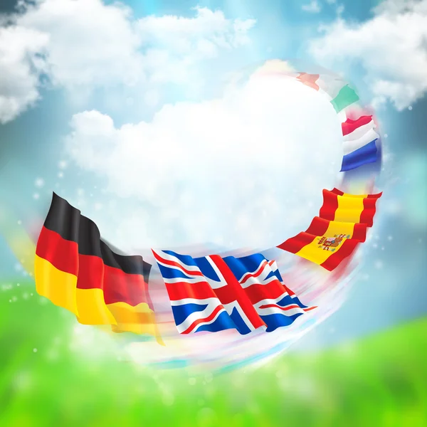 Flagi Europejskiej pływające pod pięknym tle. Internationa — Zdjęcie stockowe