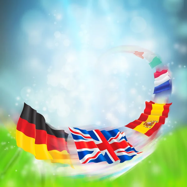 Europeiska flaggor flyger mot vacker bakgrund. Internationa — Stockfoto