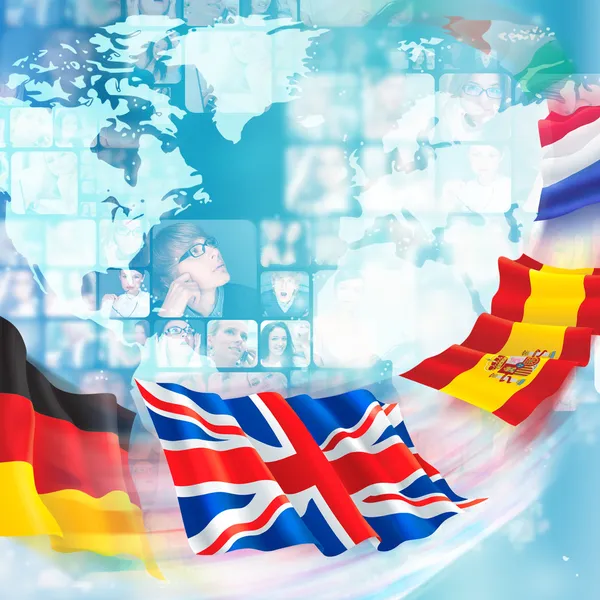 Photo of different on world map, flags are flying to them — Stock Photo, Image