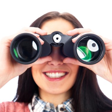 Woman looking through binoculars isolated on white clipart