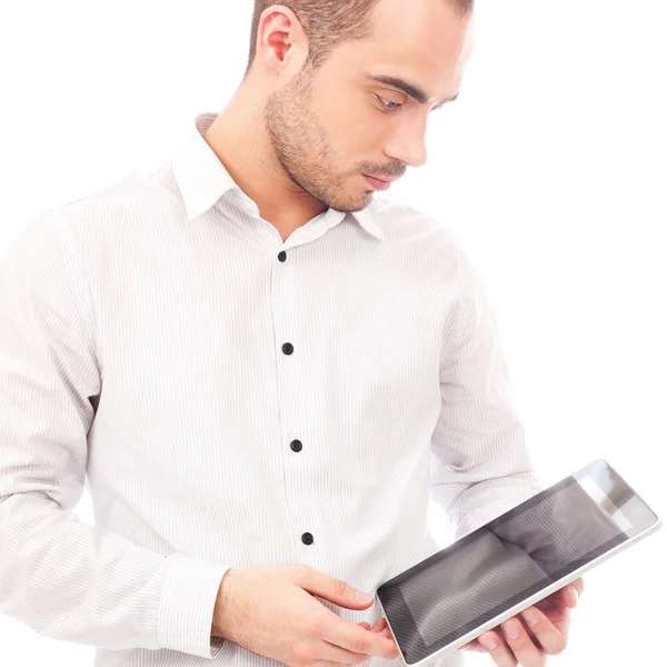 Handsome smiling man with tablet computer. Isolated over white b — Stock Photo, Image