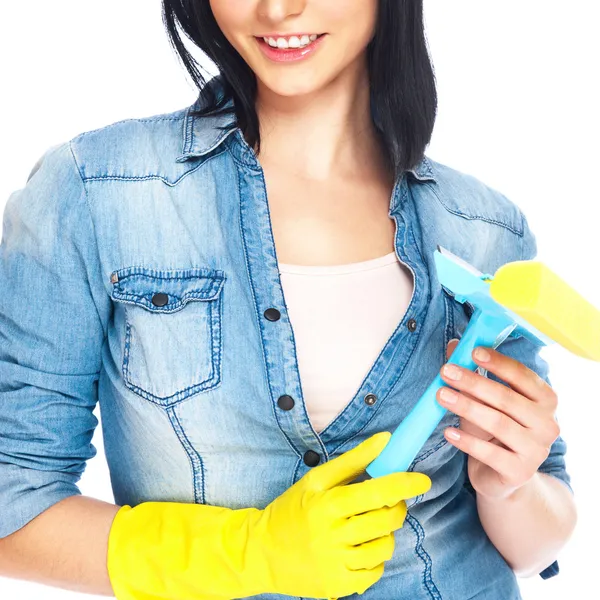 Portrait of housewife cleaner. Isolated over white background. H — Stock Photo, Image