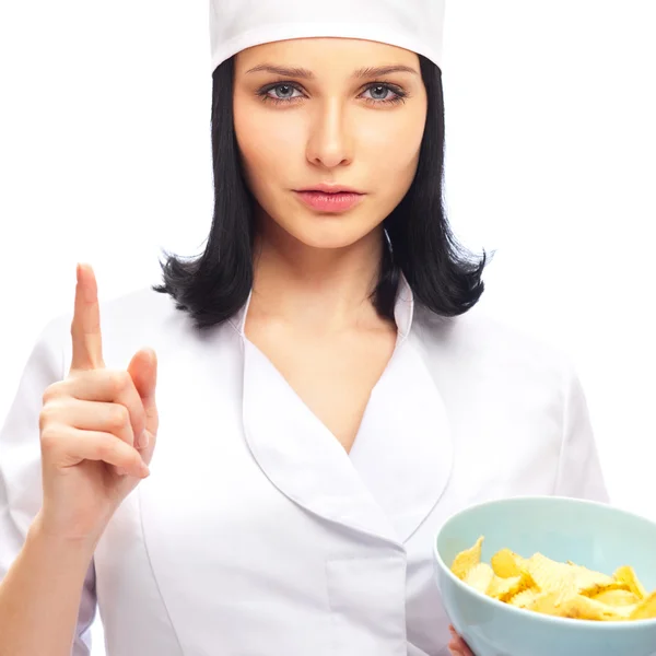 Mujer médica joven presentando y mostrando copos de maíz como —  Fotos de Stock