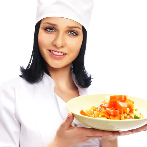 Professionelle Köchin mit einem Teller Salat, isoliert auf weißem Backgro — Stockfoto