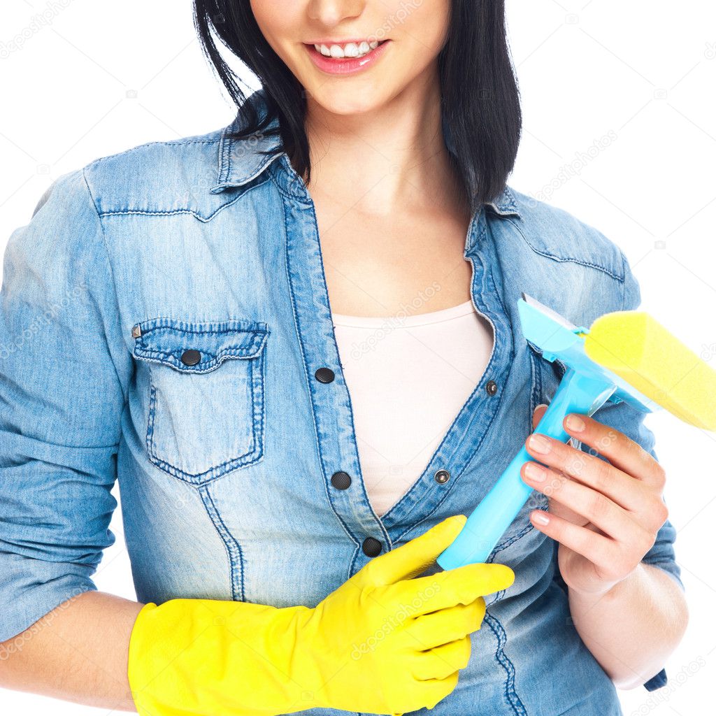 Portrait of housewife cleaner. Isolated over white background. H