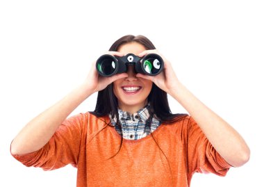 Woman looking through binoculars isolated on white clipart