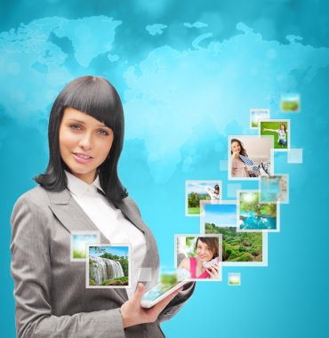 Portrait of young happy woman sharing his photo and video files clipart