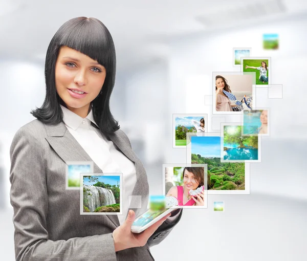 Portrait of young happy woman sharing his photo and video files — Stock Photo, Image