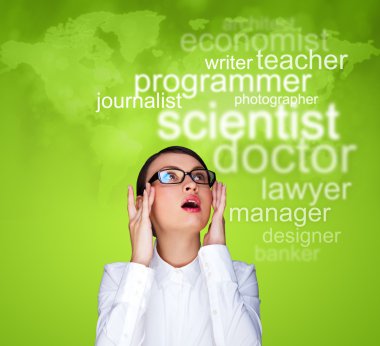 Young female student standing and thinking what profession to ch clipart