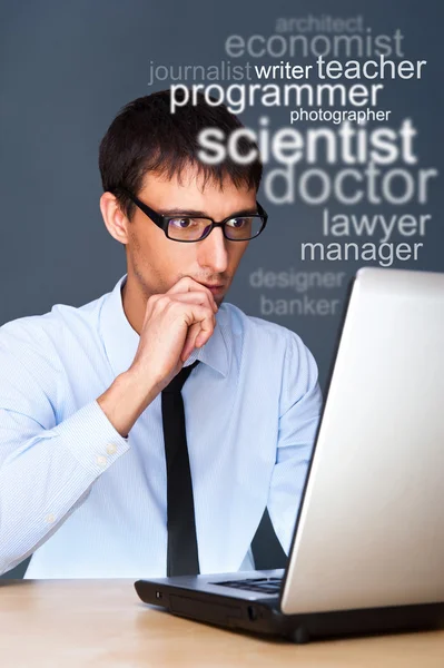 stock image Adult business man looking for staff of different professions