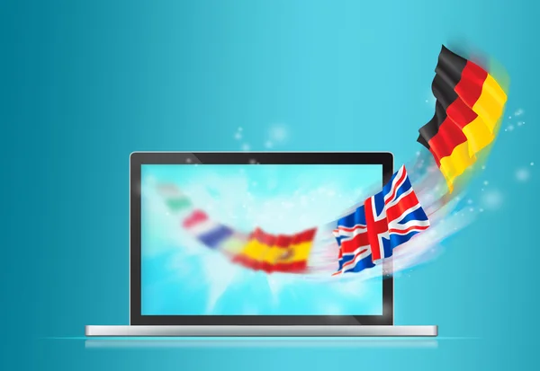 Geöffneter Laptop mit Europaflaggen, die vom Bildschirm wehen — Stockfoto