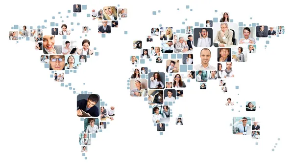 Collection of different portraits placed as world map shape — Stock Photo, Image