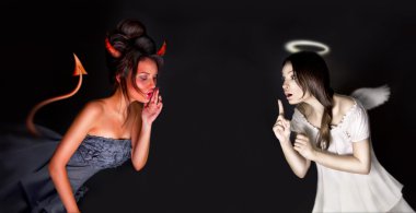 Portrait of angel and devil girls and copyspace between them. clipart