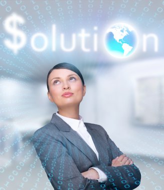 Confident business woman. Standing with hands folded at her offi clipart