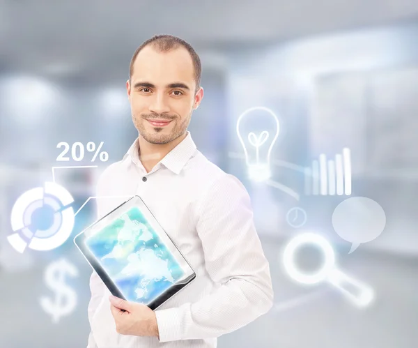Business man working with his computer and different icons are f — Stock Photo, Image