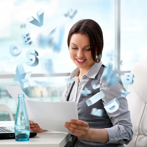 Adult young pretty business woman working at her office — Stock Photo, Image