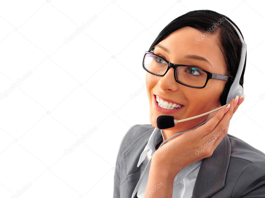 Telemarketing headset woman from call center smiling