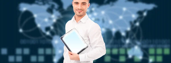 Adult man holding tablet computer against world map and server p — Stock Photo, Image