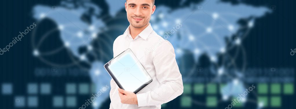 Adult man holding tablet computer against world map and server p