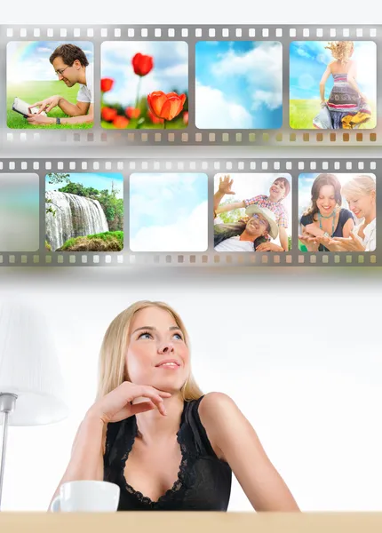 Young woman has images around her head representing entertainmen — Stock Photo, Image