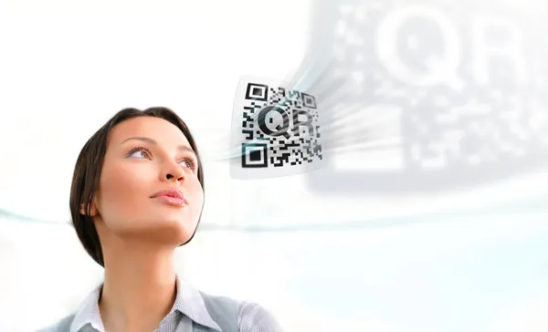 Business woman working with virtual qr code — Stock Photo, Image