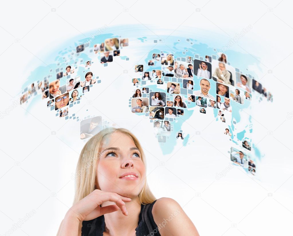 Young woman looking at virtual worldmap with photo of different