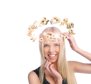 Young woman with zodiac symbols flying overhead clipart