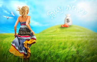 Young woman running across the field to the car on a hill clipart