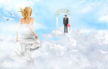 Young bride running to her groom to altar across the clouds clipart