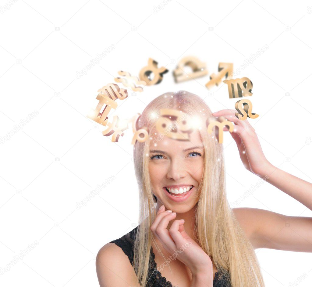 Young woman with zodiac symbols flying overhead