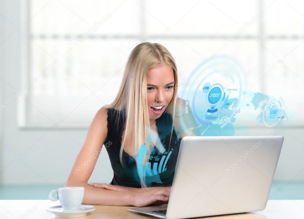 Young woman working with virtual interface