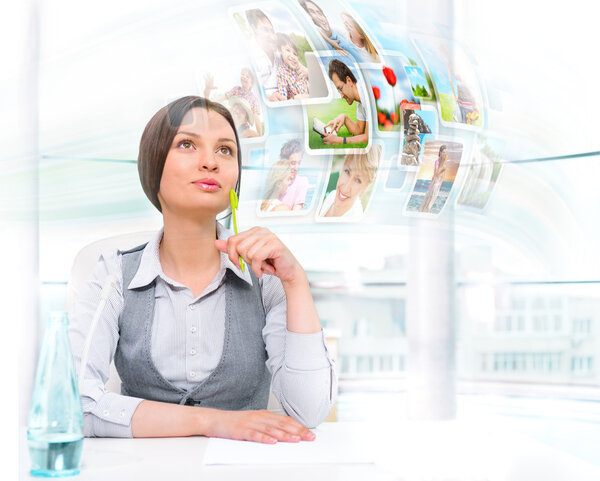 Young woman has images around her head representing entertainmen