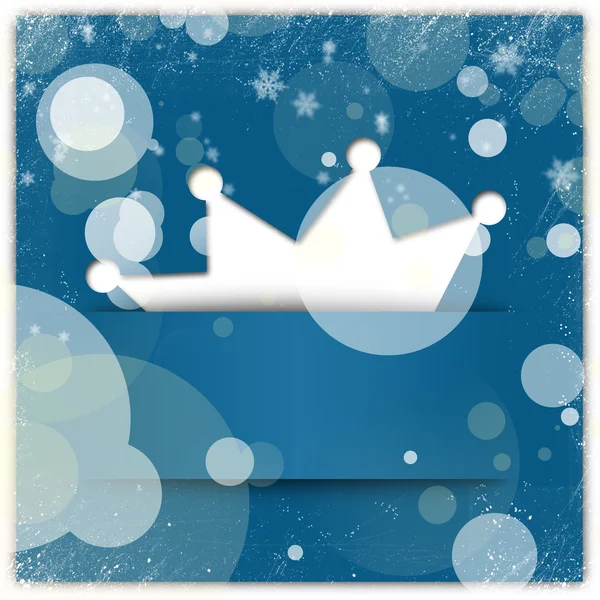 Sfondo blu in stile invernale con applique corona e fiocchi di neve — Foto Stock