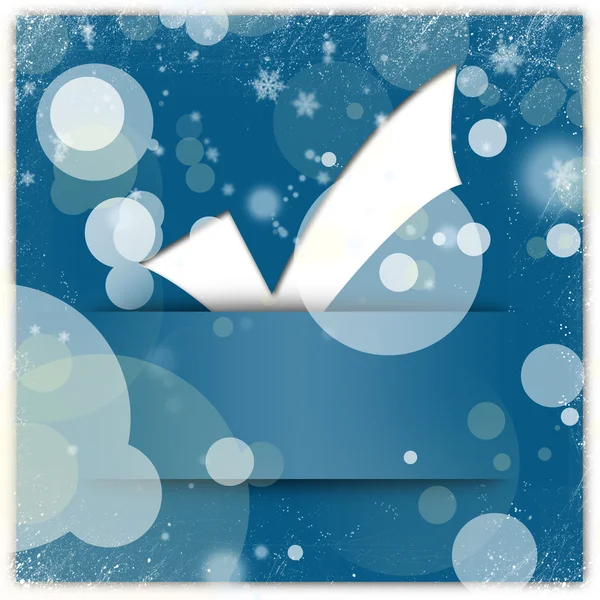 White tick applique on blue christmas background with snowflakes — Stock Photo, Image