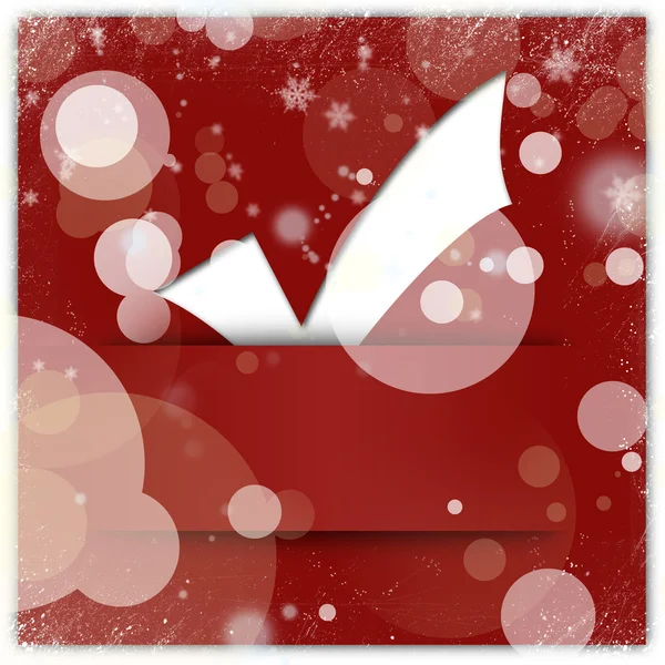 White tick applique on red christmas background with snowflakes — Stock Photo, Image