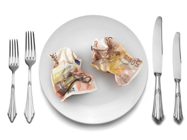 Euros Banknotes on white plate with knife and fork, clipart