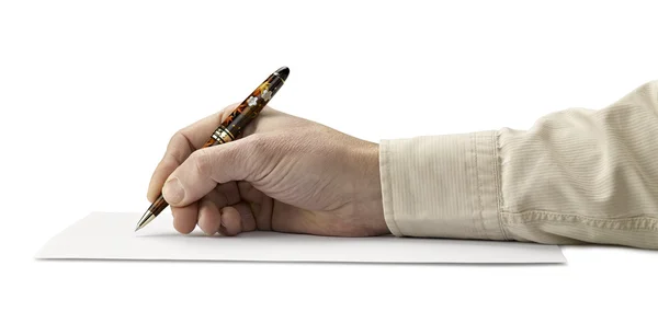 Pen in de hand geïsoleerd op een witte achtergrond (uitknippad) — Stockfoto