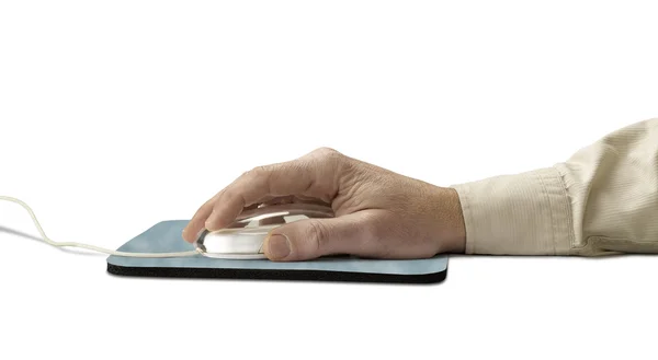 Számítógépes egér és a pad kéz felett fehér (Vágógörbe) — Stock Fotó