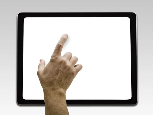Sosteniendo y apuntando a la pantalla en blanco en la tableta digital con copia —  Fotos de Stock