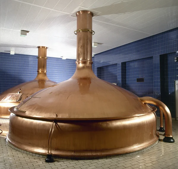 Taller de cervecería con cubas de fermentación de cobre — Foto de Stock