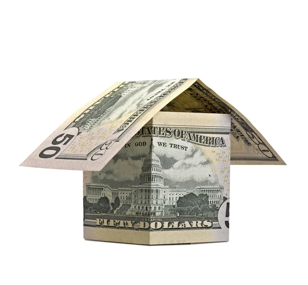 Huis van bankbiljetten geïsoleerd op wit — Stockfoto