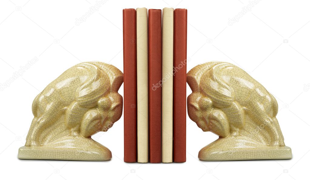 A stack of book between bookends isolated on white, clipping pat