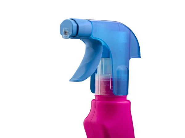 Botella de spray rosa y azul sobre fondo blanco — Foto de Stock