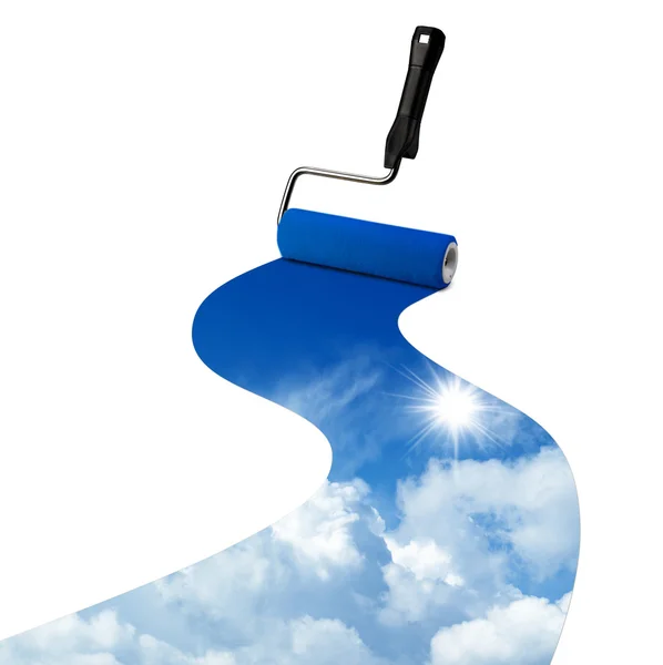 Paint roller painting a sunny blue sky — Stock Photo, Image