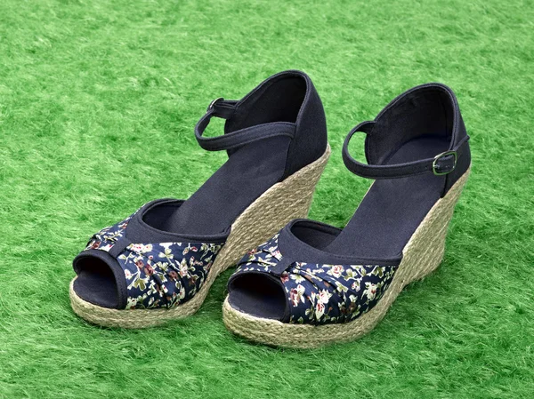 Sapatos femininos no conceito de moda na grama — Fotografia de Stock