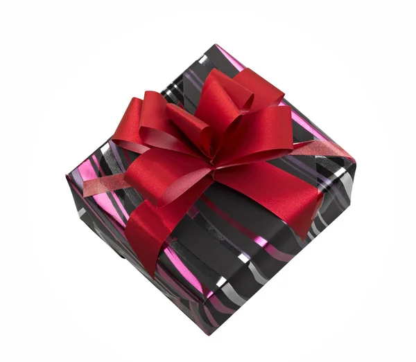 Single gift box with red ribbon on white background. — Stock Photo, Image