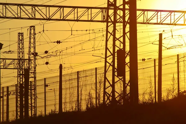 stock image Railway electric wires and cables at sunset