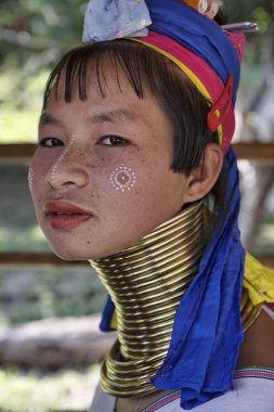 Thailand, Chang Mai, Karen Long Neck hill tribe village (Kayan Lahwi), Long Neck woman in traditional costumes. Women put brass rings on their neck when they are 5 or 6 years old and increase the numb clipart